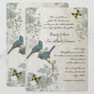 Silver Blue Gult Butterflies & Birds Bröllop Inbjudningar