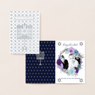 SILVER BLUE Hanukkah PHOTO Card - Flowers Blommigt Folierat Kort
