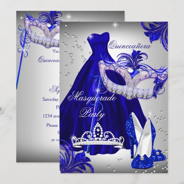 Silver & Blue Klänning maskerad Quinceanera Inbjud Inbjudningar (Fram/baksida)