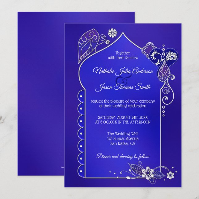 Silver Blue Lila Henna Mehndi bröllopsinbjudan Inbjudningar (Fram/baksida)