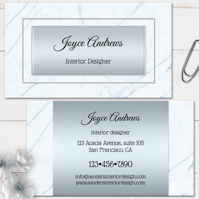 Silver Blue Marble Inredingsdesign Affärskort Visitkort (Business card featuring a pale blue marble design with silver - interior design - home staging)