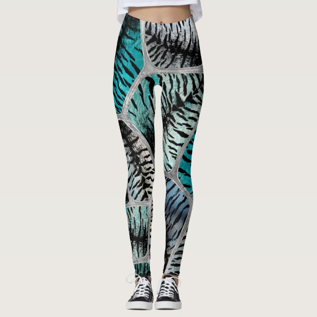 Silver Blue Marbles Tiger Faux Päls Cells Leggings (Framsida)