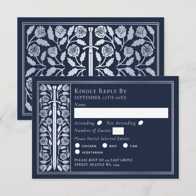 Silver Blue Medieval Sword Wedding RSVP OSA Kort (Fram/baksida)