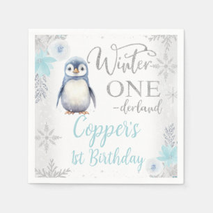 Silver Blue Penguin Winter Onederland Birthday Pappersservett
