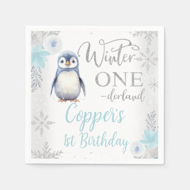 Silver Blue Penguin Winter Onederland Birthday Pappersservett (Framsidan)