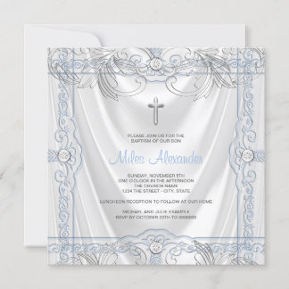 Silver Blue Pojke Christening White Satin Inbjudningar