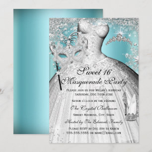 Silver Blue Princess Masquerade Sweet 16 Inbjudan