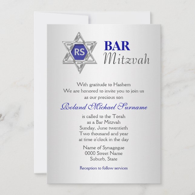 Silver blue pub mitzvah firande inbjudningar (Framsida)