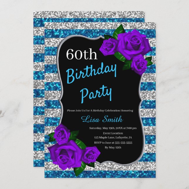 Silver Blue Rand Glitter Lila Ro vid Inbjudningar (Fram/baksida)
