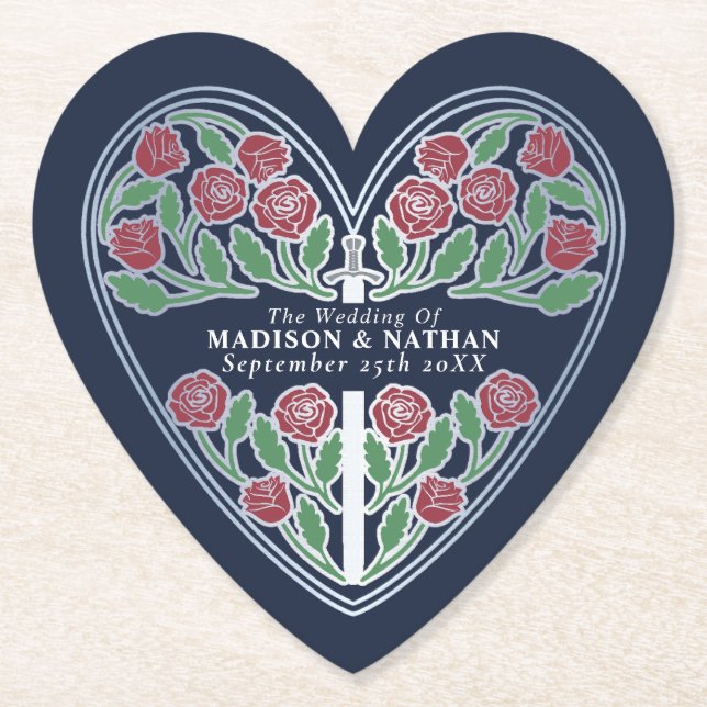 Silver Blue Royal Medieval Floral Sword Wedding Underlägg Papper (Framsida)