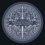 Silver Blue Royal Medieval Sword Wedding Runt Klistermärke<br><div class="desc">Celebrate your special day with this Royal Medieval Sword Wedding sticker design. The design on the back of the invite is NOT real silver foil. You can customize this further by clicking on the "PERSONALIZE" button.</div>
