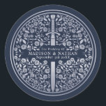 Silver Blue Royal Medieval Sword Wedding Runt Klistermärke<br><div class="desc">Celebrate your special day with this Royal Medieval Sword Wedding sticker design. The design on the back of the invite is NOT real silver foil. You can customize this further by clicking on the "PERSONALIZE" button.</div>