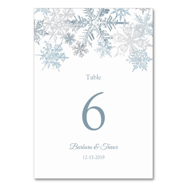 Silver Blue Snöflingor Winter Wedding Bordsnummer (Framsidan)