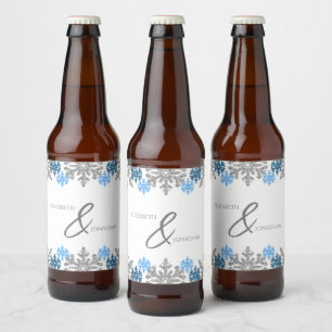 Silver Blue Snöflingor Winter Wedding Ölflaska Etikett