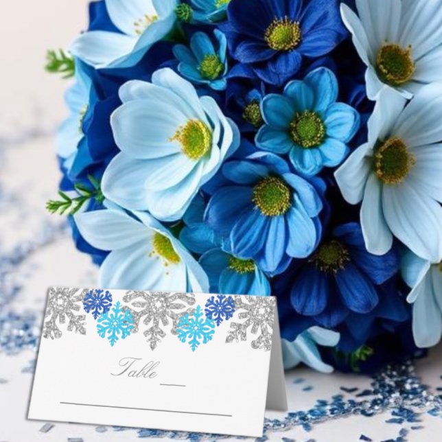 Silver Blue Snöflingor Winter Wedding Placeringskort (Skapare uppladdad)