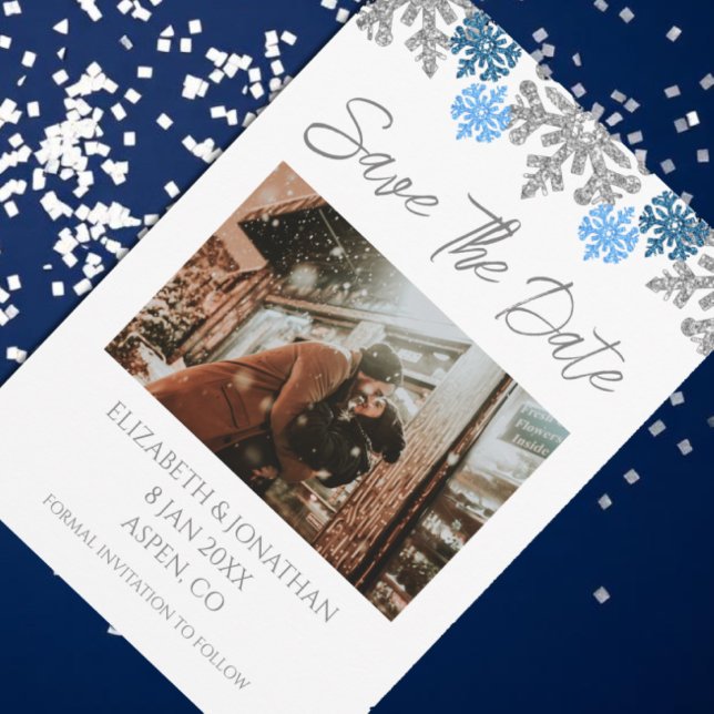 Silver Blue Snöflingor Winter Wedding Spara Datumet (Skapare uppladdad)