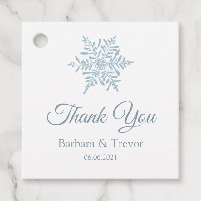 Silver Blue Snöflingor Winter Wedding Tack Gåvor Etiketter (Framsida)