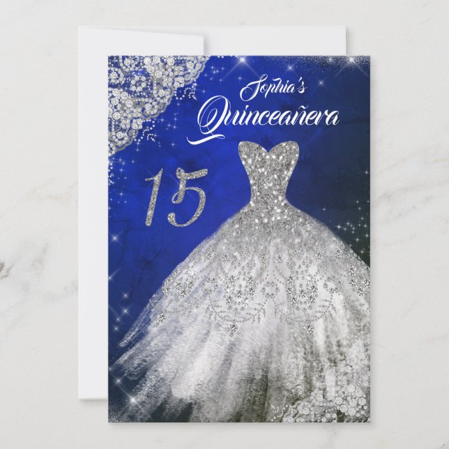 Silver Blue Snöre Diamond Gnistra Gown Quinceanera Inbjudningar (Framsida)