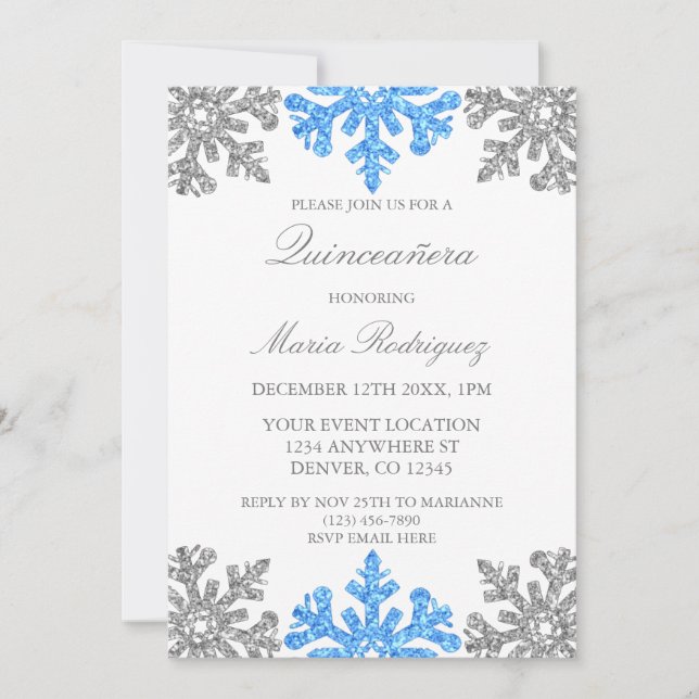 Silver Blue Snowflake Winter Quinceanera Inbjudningar (Framsida)