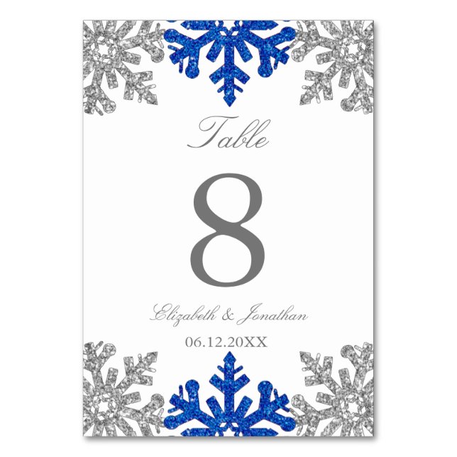 Silver Blue Snowflake Winter Wedding Bordsnummer (Framsidan)