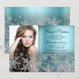 Silver Blue Sparkle Snöflinga Foto Sweet 16 Inbjudningar