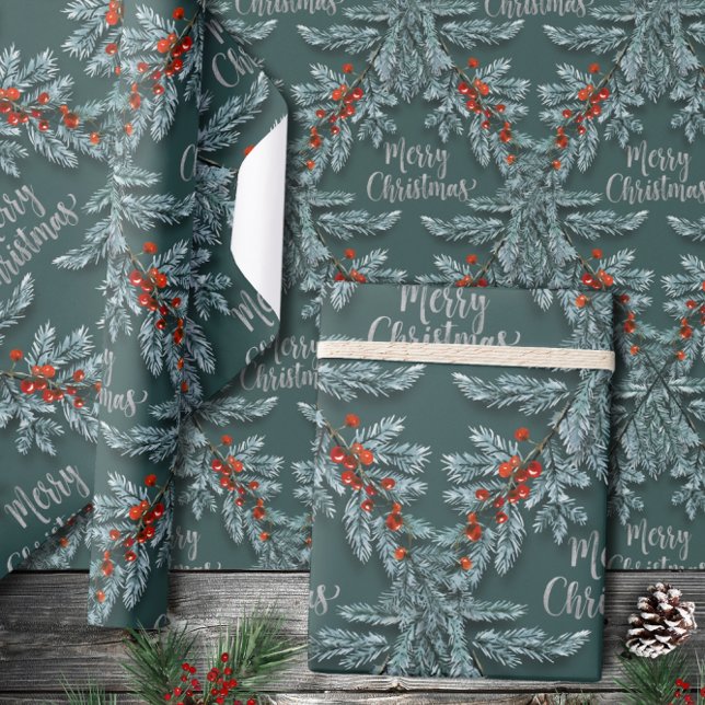Silver Blue Spruce Red Berries God jul Presentpapper (Skapare uppladdad)