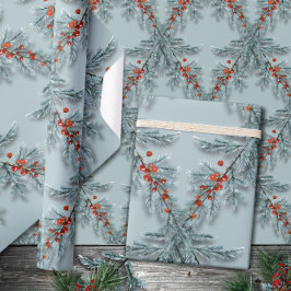 Silver Blue Spruce Red Berries Lattice Dusty Blue Presentpapper