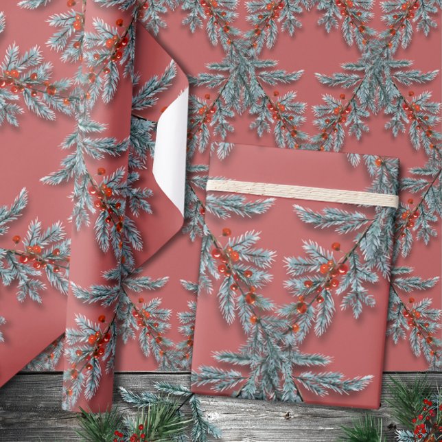 Silver Blue Spruce Red Berries Lattice Rosa Red Presentpapper (Skapare uppladdad)
