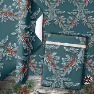 Silver Blue Spruce Red Ilex Berries Lattice Teal Presentpapper