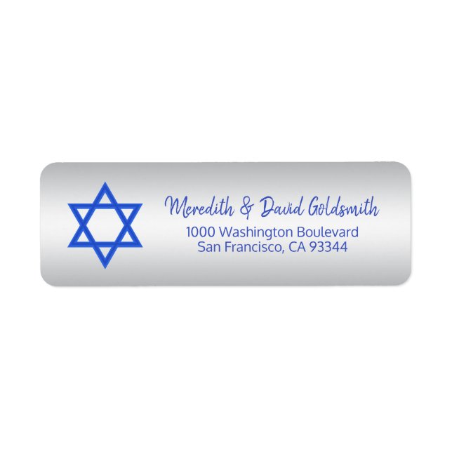 Silver Blue Star of David Mitzvah Hanukkah Returadress Etikett (Framsidan)