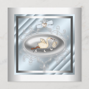 Silver Blue Stork Baby Boy Shower Inbjudningar
