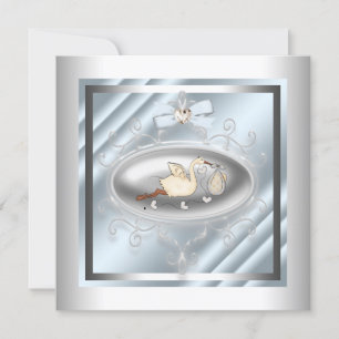 Silver Blue Stork Baby Boy Shower Inbjudningar