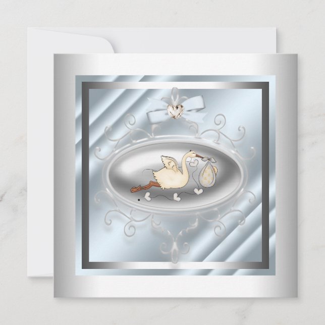 Silver Blue Stork Baby Pojke Shower Inbjudningar (Framsida)