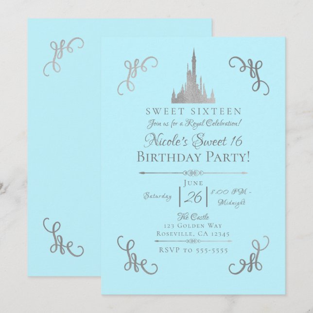 Silver & Blue Storybook Prinsessa Sweet 16 Födelse Inbjudningar (Fram/baksida)