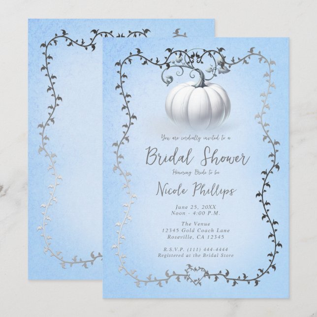 Silver & Blue Storybook Vit Pumpabröllop Inbjudningar (Fram/baksida)