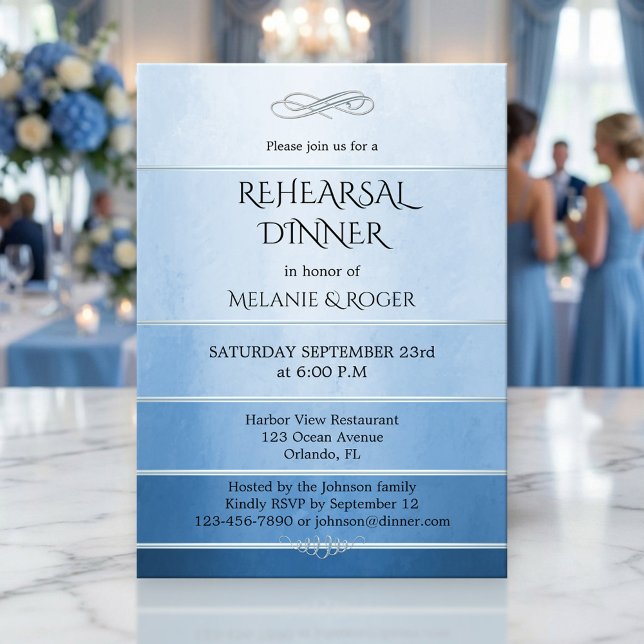 Silver Blue Stripe Tone on Tone Rehearsal Dinner Inbjudningar (Rehearsal dinner invitation featuring a watercolor painted blue tone on tone striped design)