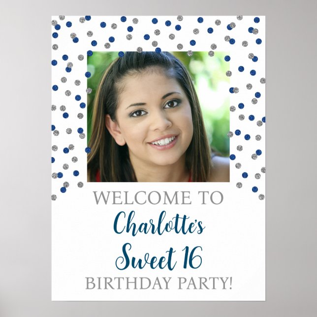 Silver Blue Sweet 16 Birthday 18x24 Photo Poster (Framsidan)