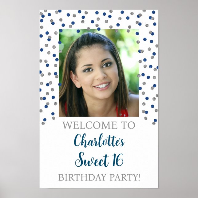Silver Blue Sweet 16 Birthday Anpassningsbar 12x18 Poster (Framsidan)