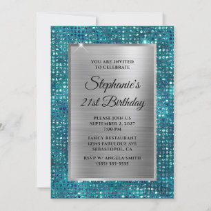 Silver Blue Teal Diamond Glam Foil 21:a födelsedag Inbjudningar