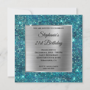 Silver Blue Teal Diamond Studerade Foil Birthday Inbjudningar