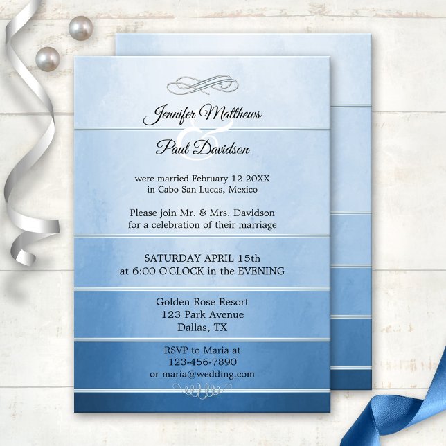 Silver Blue Tone on Tone Stripe Post Bröllop Inbjudningar (After wedding invitation featuring a ton sur ton blue striped painted design with a silver lining)