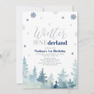 Silver & Blue Vinter onederland 1-årsfest Inbjudningar