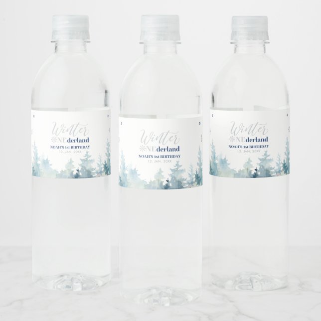 Silver & Blue Vinter Värld 1-års Födelsedagsfest Vattenflaskor Etikett (Flaskor)