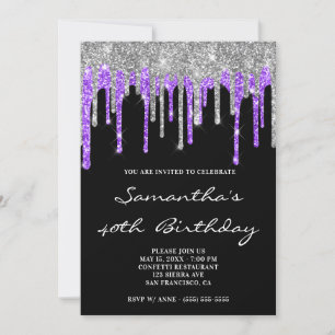 Silver Blue Violet Glitter Drives Black Birthday Inbjudningar