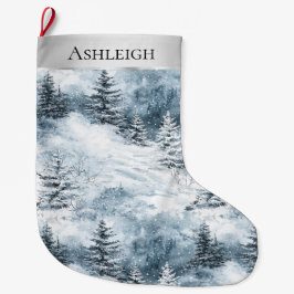 Silver Blue White Snö Träd jul Stor Julstrumpa