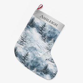 Silver Blue White Snö Träd jul Stor Julstrumpa