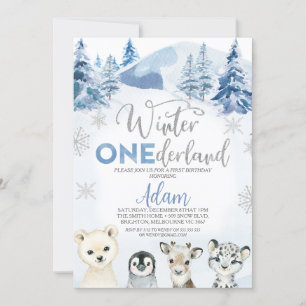 Silver Blue Winter Animals Onederland 1:a födelsed Inbjudningar
