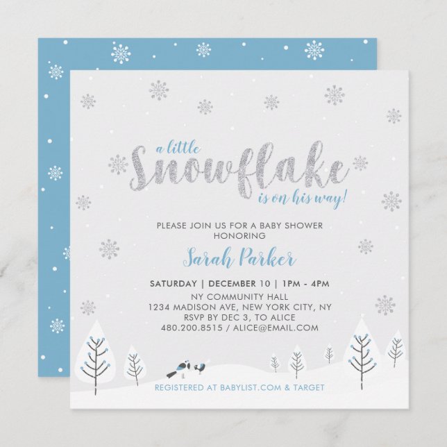 Silver & Blue Winter Wonderland Boy Shower Inbjudningar (Fram/baksida)
