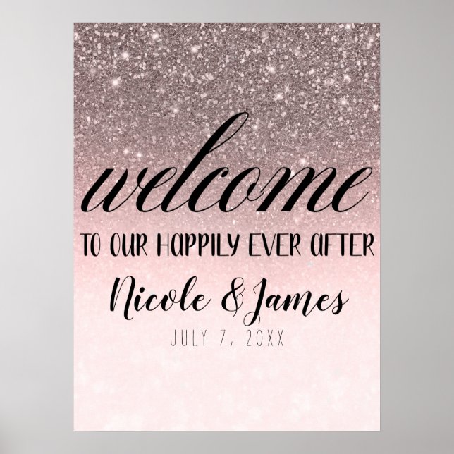 Silver & Blush Glitter Välkommen till vårt bröllop Poster (Framsidan)
