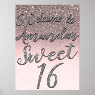 Silver & Blush Glitter Välkomstskylt till Sweet 16 Poster